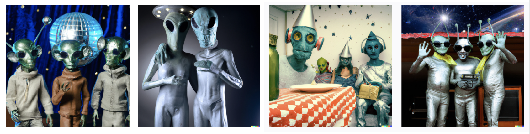 Trio of images generated by the Dall-E 2 algorithm released by Open AI, output of the query “aliens with carnival masks in a party, realistic photography”